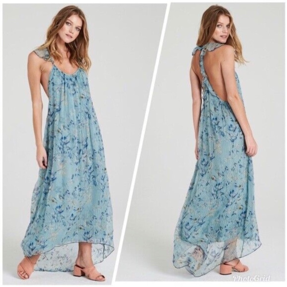Gypsy 05 Women's Size Medium Blue Floral Sleeveless Ruffle Strap Maxi Dress